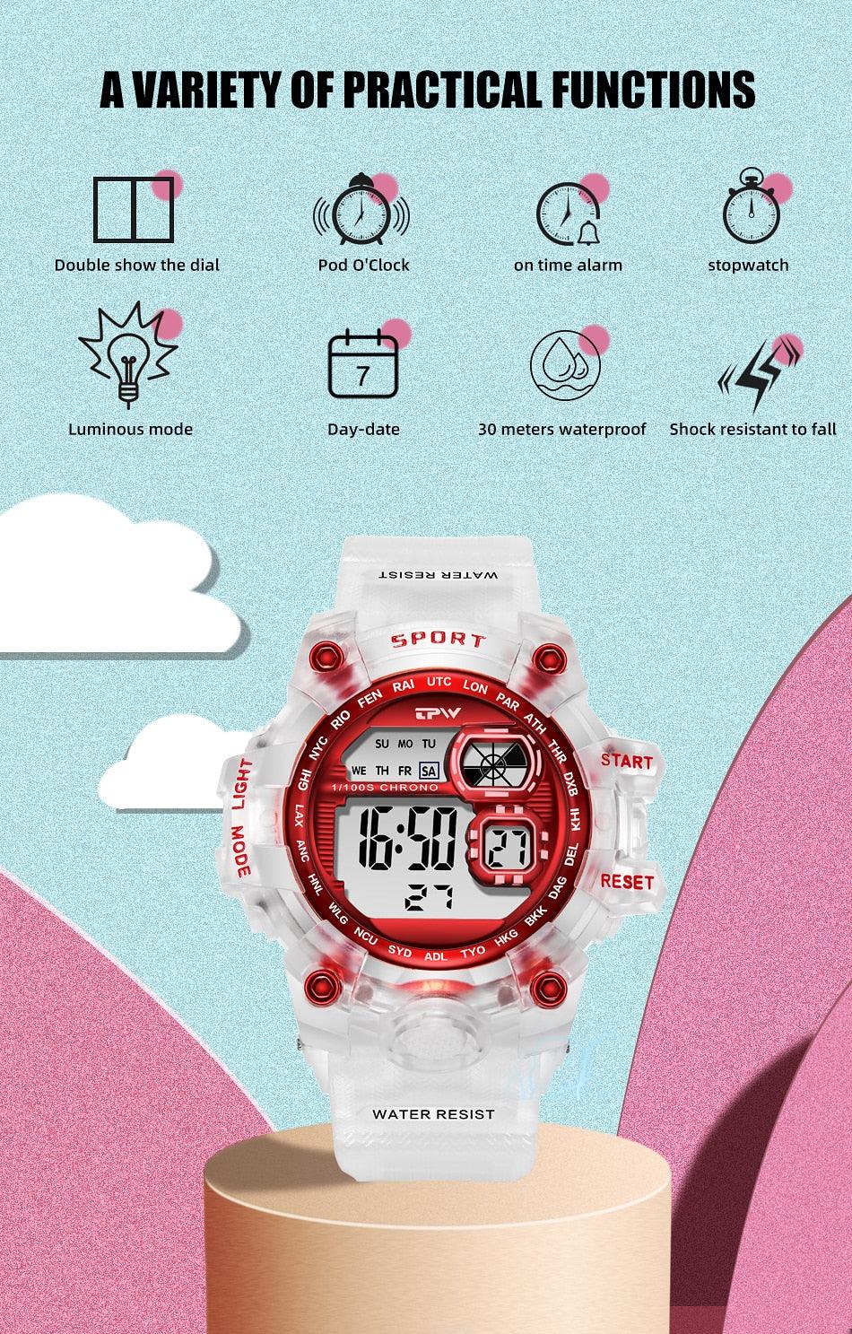 Digital Watches For Women School Girl Student Transparent Color Water Resistent Silicone Strap Stopwatch Alarm Countdown Dual Time Ultra Super Wide-Angle Display Digital Wrist Watches For Men Women