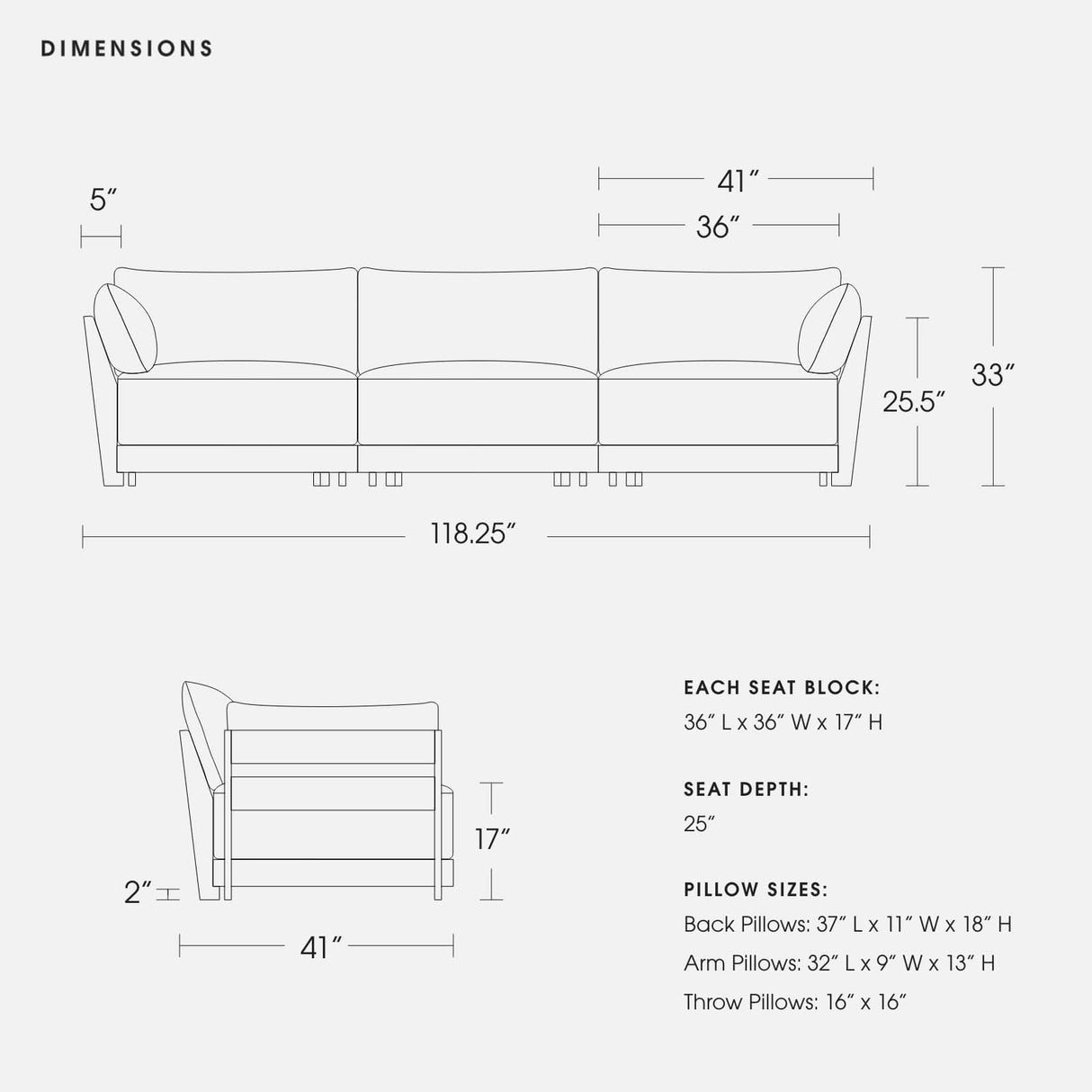 The Modular Bondi Latte 3 Seater Sofa has overall dimensions of 118.25" W x 33.5" H x 41" D. Each seat measures 36" L x 36" W x 17" H, with a seat depth of 25.5". The sofa includes back pillows sized at 37" L x 11" W x 18" H and arm pillows measuring at sizes of 32” L x 9” W x 13” H.