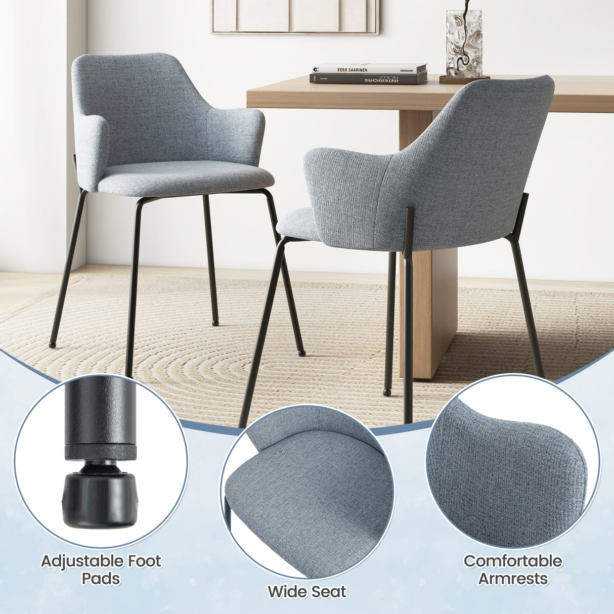 Dining Chairs Set of 2 with Curved Backrest Wide Seat and Armrests-Gray