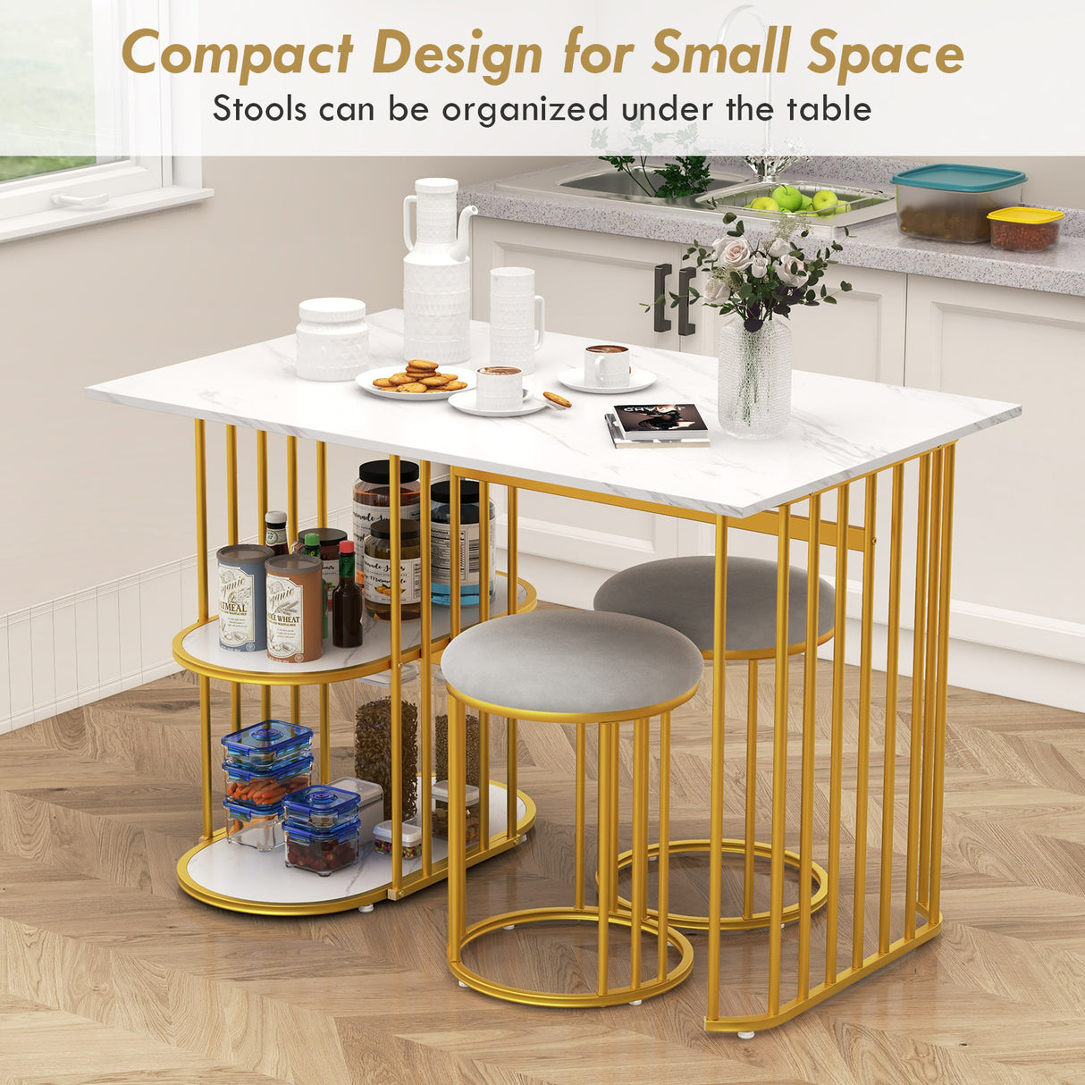 Rectangular Dining Table for 2 with 2-tier Storage Shelf for Small Space Dining Room-White