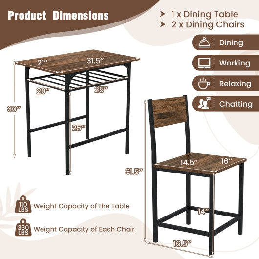 Dining Table Set with Metal Frame and Storage Rack-Rustic Brown