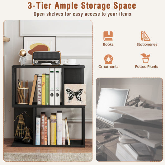 3-Tier Bookshelf with Display Shelf for Small Space-Black