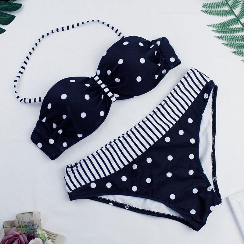Dot Bikini Push Up 2 piece Swimsuit Women Padded Push Up Bikini Set Halter Two Piece Cross Top Swimsuit Patchwork Bathing Suit Women Swimwear Bodysuit Beachwear Halter Print Bikinis Bathing Suit Women