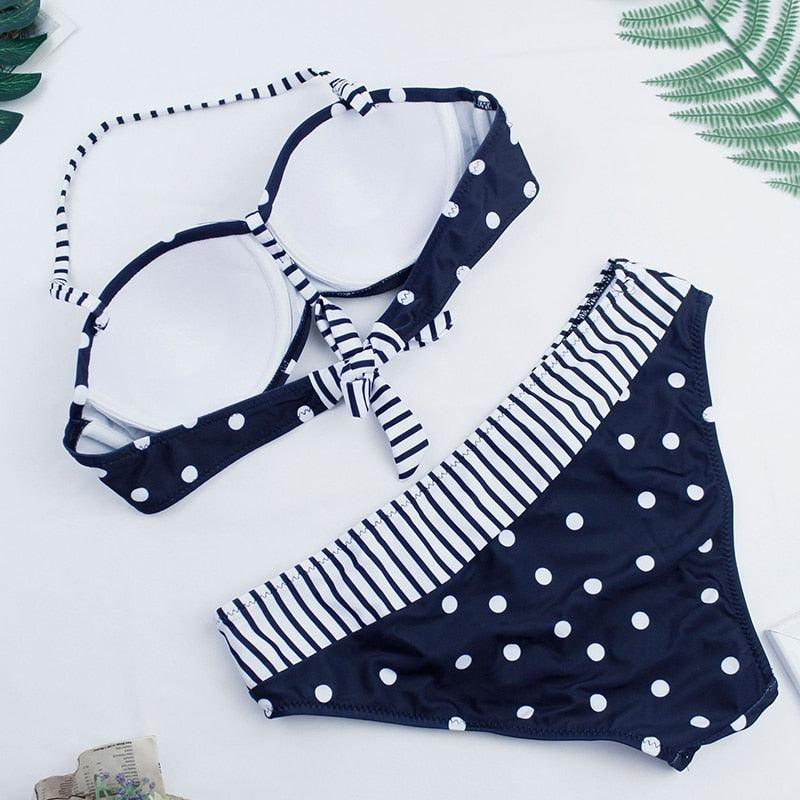 Dot Bikini Push Up 2 piece Swimsuit Women Padded Push Up Bikini Set Halter Two Piece Cross Top Swimsuit Patchwork Bathing Suit Women Swimwear Bodysuit Beachwear Halter Print Bikinis Bathing Suit Women