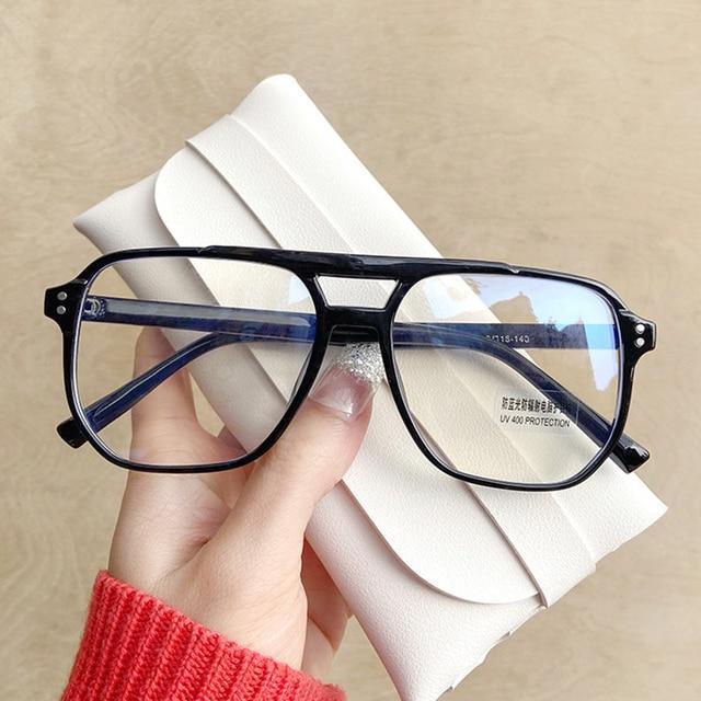 Double Beam Anti Blue Light Glasses Frame Women Men Anti Eyestrain Computer Reading TV Glasses Stylish Frame Anti Glasses Men And Women Retro Big Frame Myopia Eyeglasses Oversized Mirror Frame