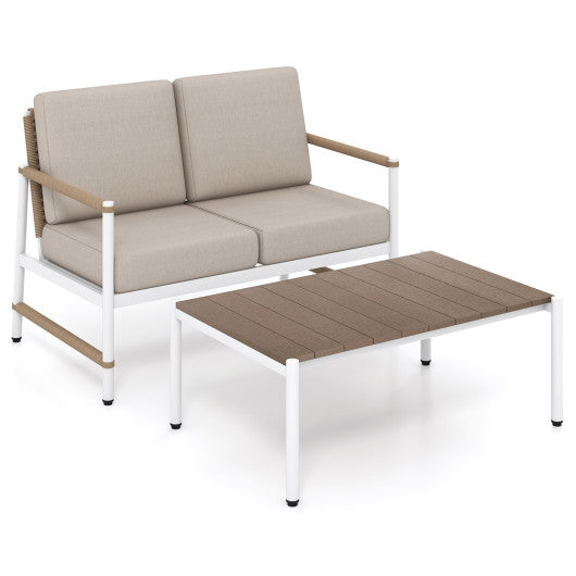 Patio Loveseat Sofa with Coffee Table Set with Thick Cushions