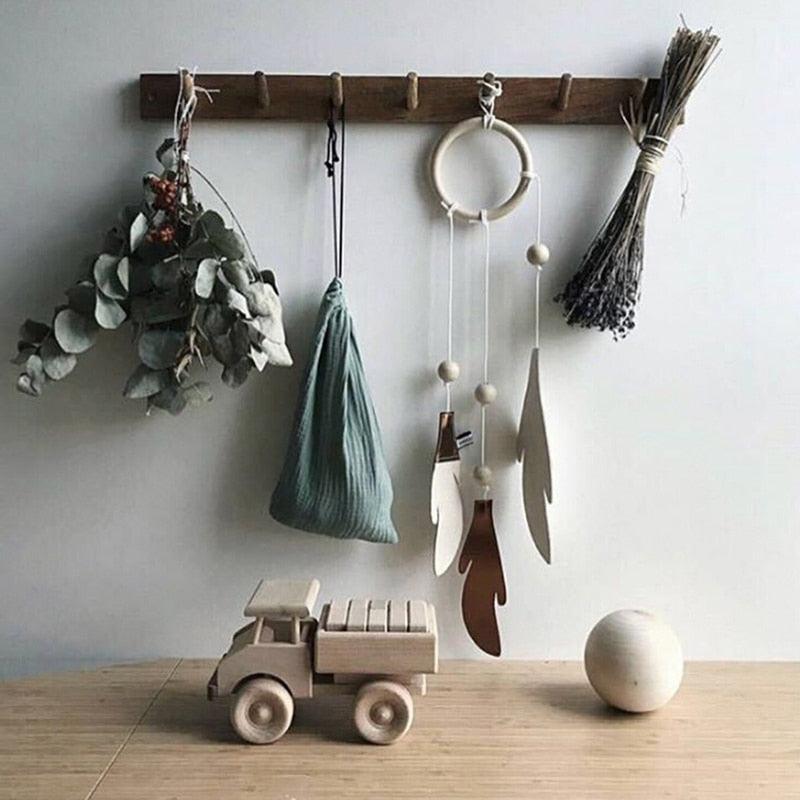 Dream Catchers with Golden Shining Lace & Bells Nordic Hollow Wooden Feather Hanging Ornaments For Baby Kids Room Wall Hanging Decorative Feathers Wedding Decorations Nursery Decor