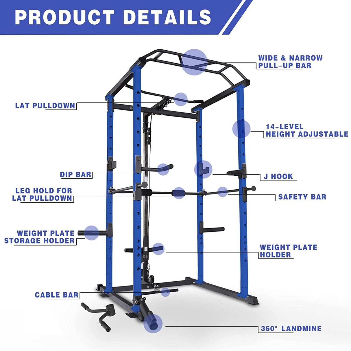 1000 lbs. capacity Blue Multi-functional Power Cage, Home Adjustable Pullup Squat Rack Comprehensive Fitness Barbell Rack
