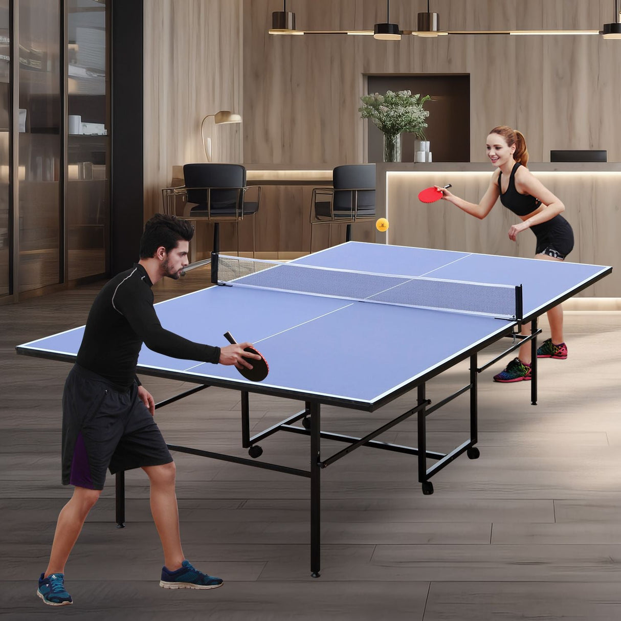 9ft Tennis Table Foldable & Portable Ping Pong Table Set for Indoor Games with Net, 2 Table Tennis Paddles and 3 Balls