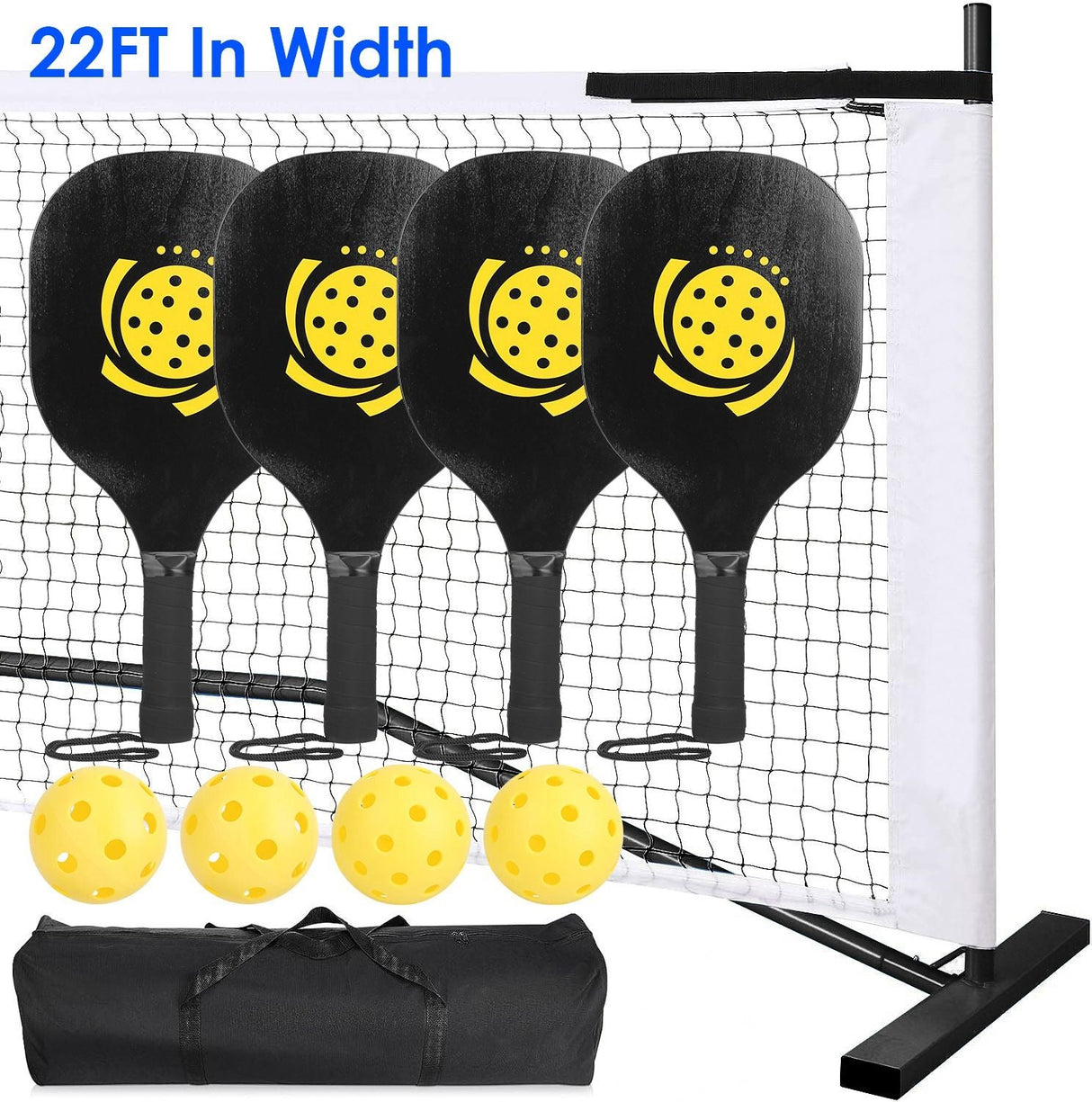 Portable Pickleball Net Set 22ft Regulation Size Net Pickle Ball Net System with 4 Pickleballs 4 Paddles Carrying Bag for Driveway Backyard