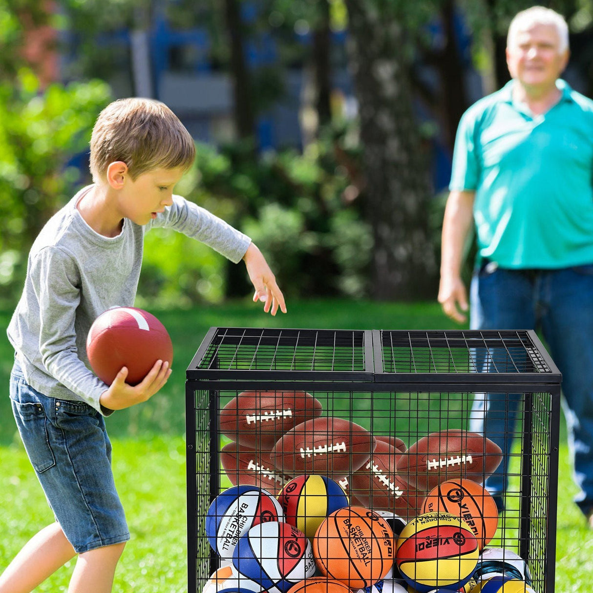 Heavy-Duty Sports Ball Storage Cart with Lockable Basketball Cage and Double Lids