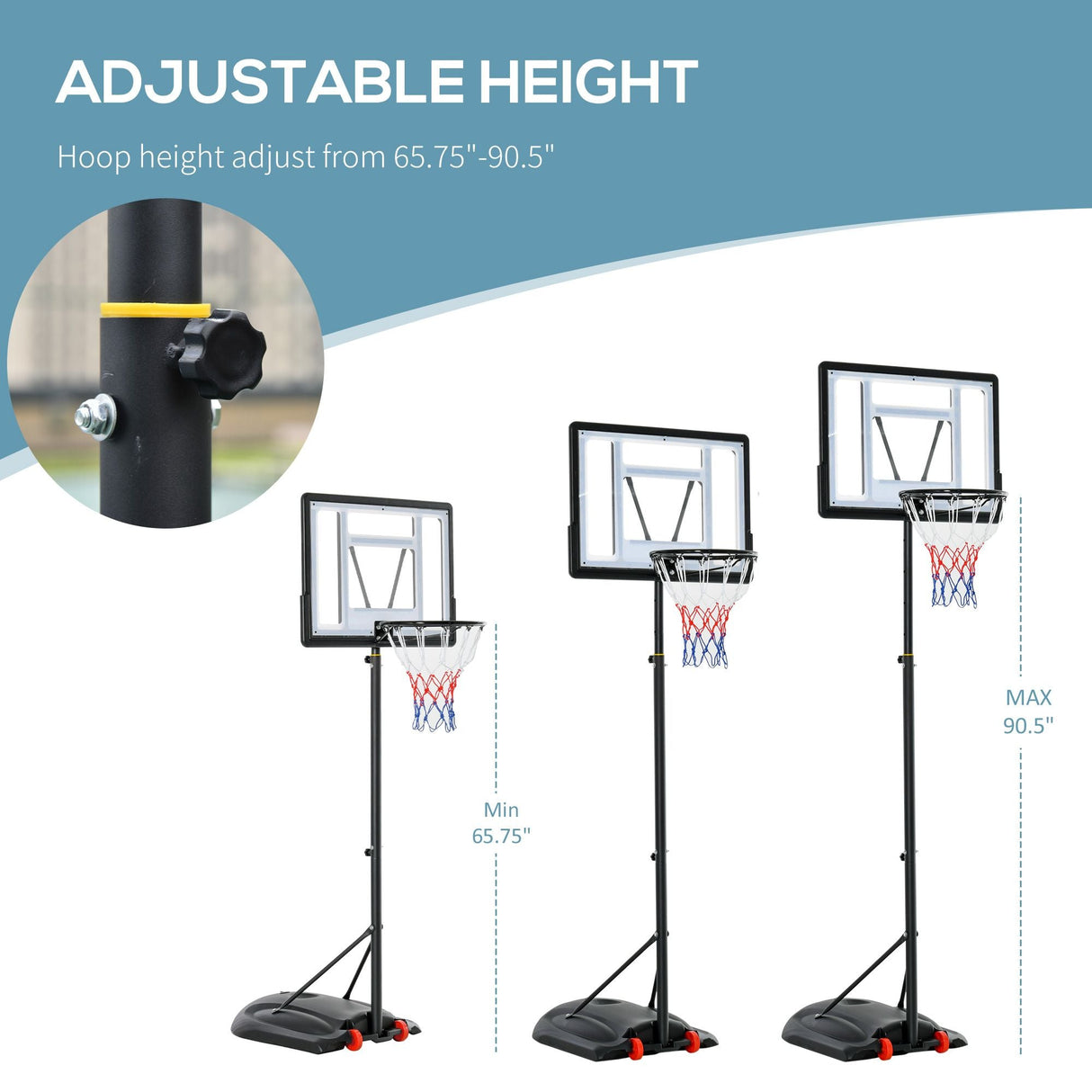 Soozier Freestanding Basketball Hoop Stand 5.5ft-7.5ft Adjustable Transparent Backboard with Wheels for Teens