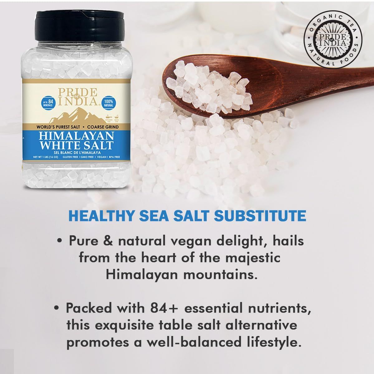 Himalayan White Salt by Pride Of India - 1lb - Rarest & Enriched W/84+ Natural Minerals- Low Sodium- Mineral Rich Nutrition and Enhanced Taste- Healthier Table Salt Substitute