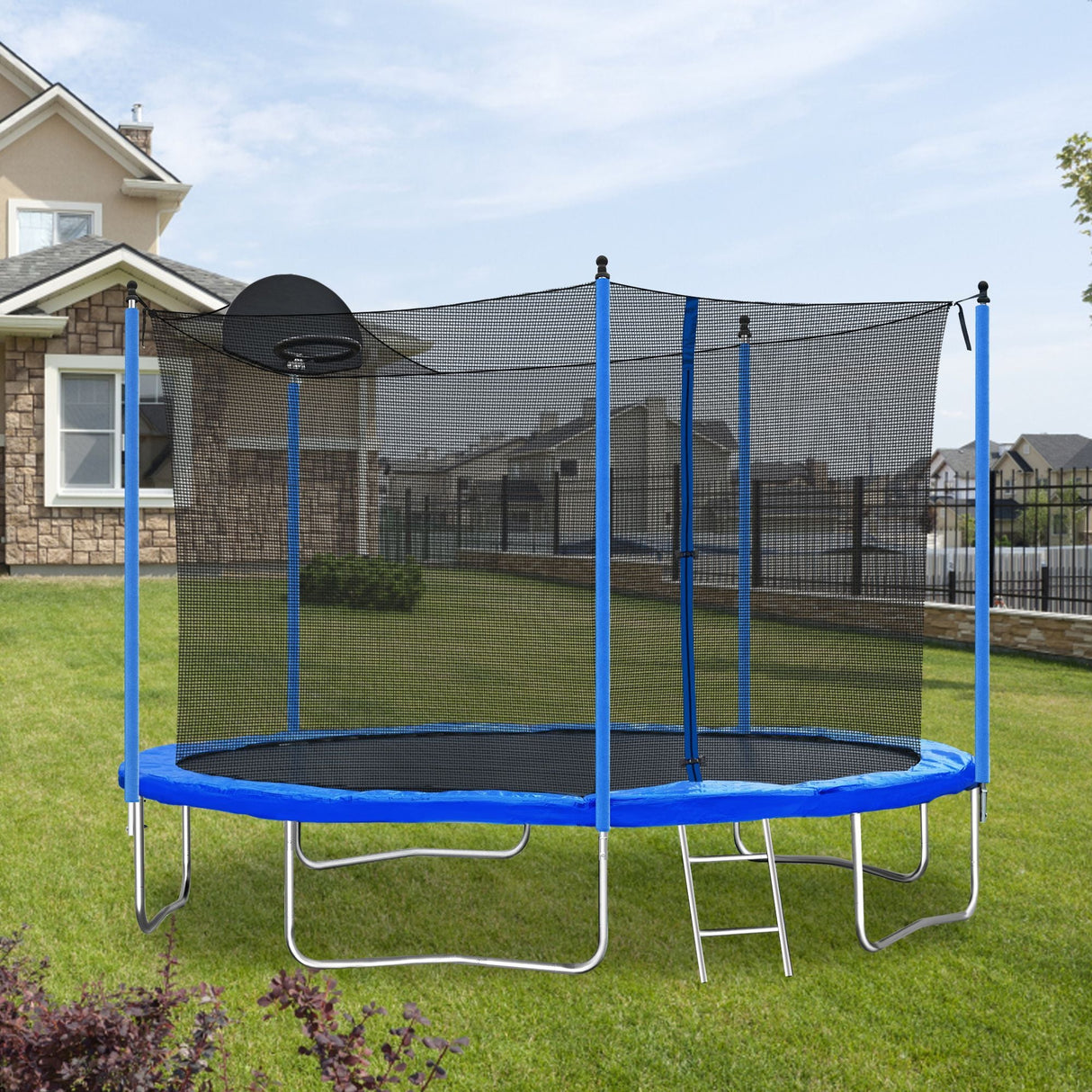 12FT Trampoline with Safety Enclosure and Ladder - Perfect for Kids and Adults, Includes Basketball Hoop