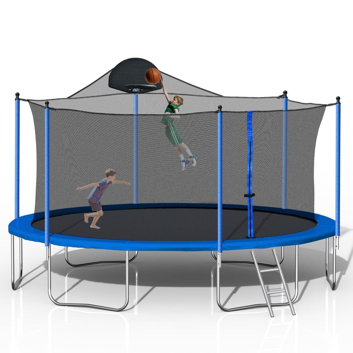 14FT Family Trampoline with Basketball Hoop and Safety Net for All Ages