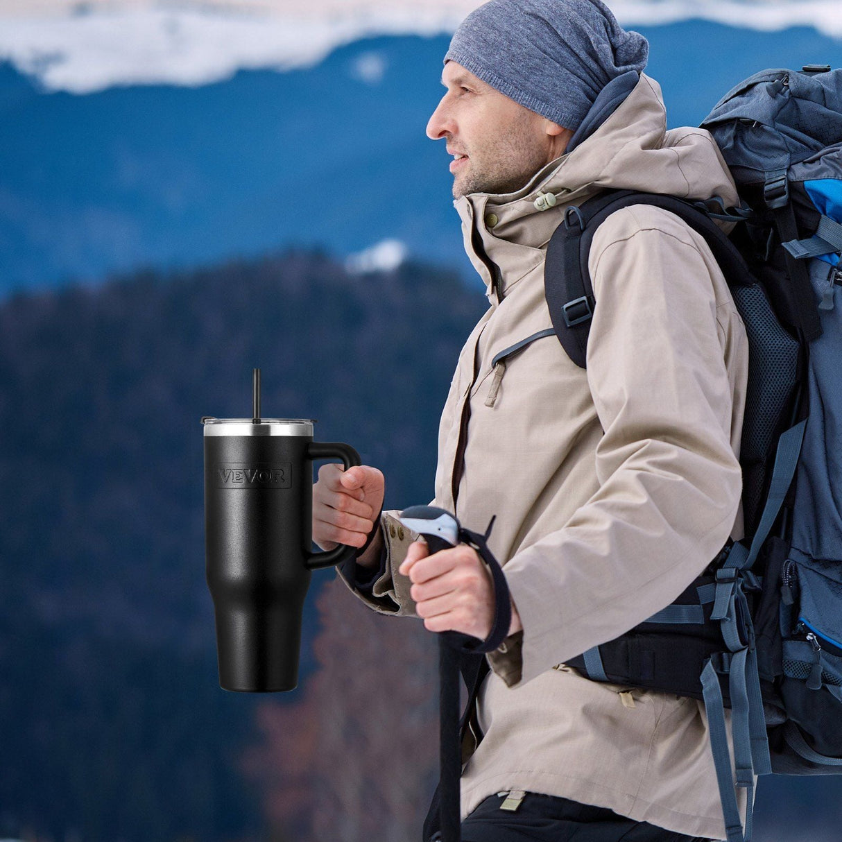 40 oz tumbler Insulated rambler Stainless Steel Coffee Cup Handheld Black