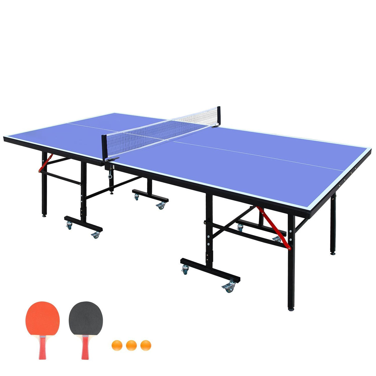 8ft  Tennis Table Foldable & Portable Ping Pong Table Set for Indoor Games with Net, 2 Table Tennis Paddles and 3 Balls