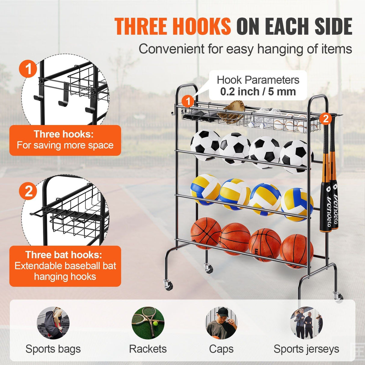 Rolling 4-Layer Basketball Rack with Wheels - Versatile Sports Equipment Holder