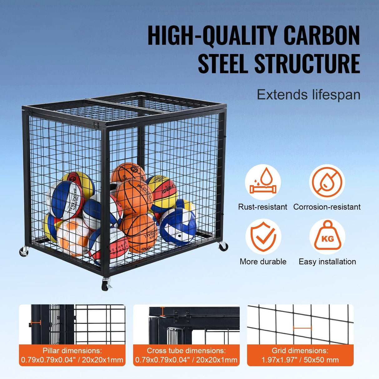 Heavy-Duty Sports Ball Storage Cart with Lockable Basketball Cage and Double Lids