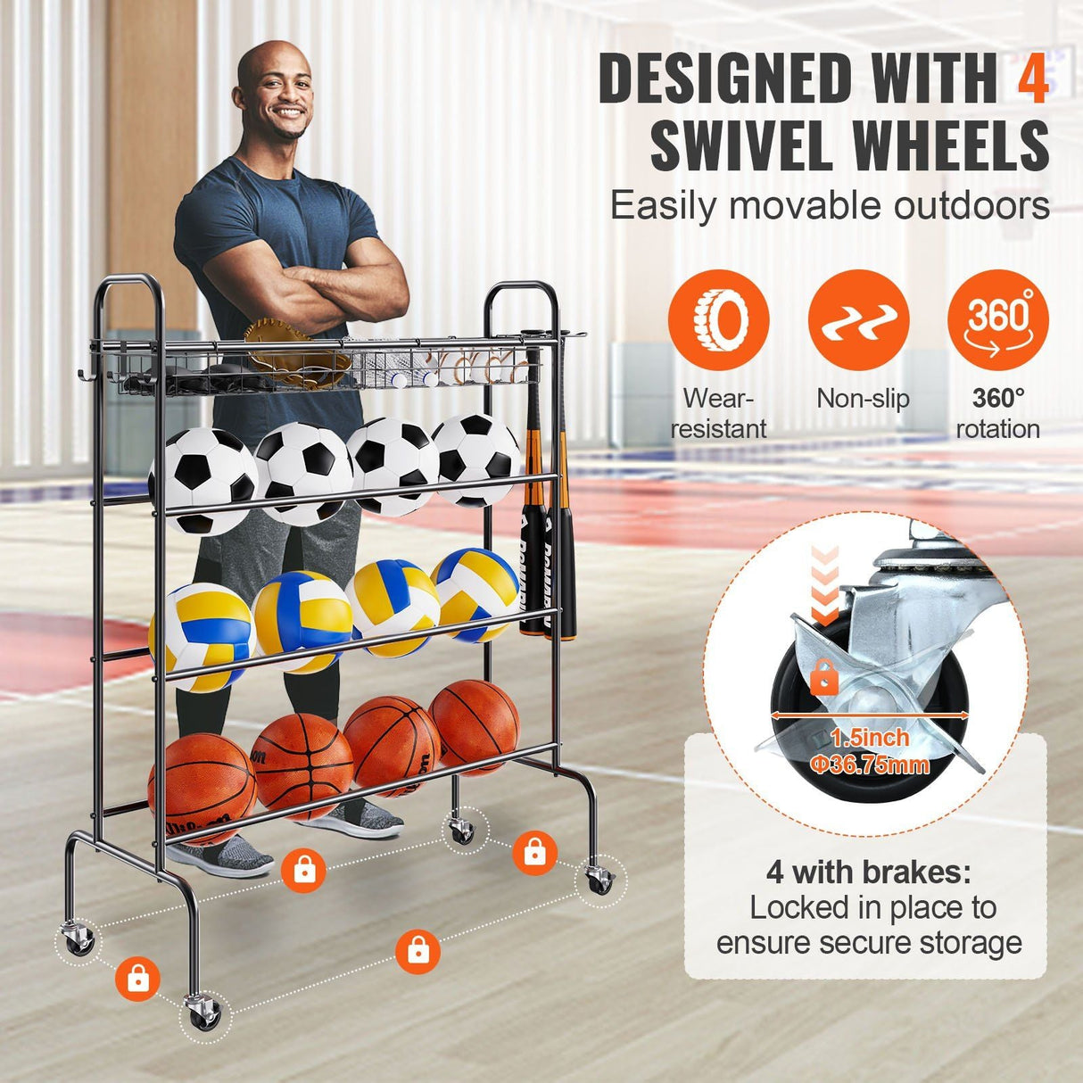 Rolling 4-Layer Basketball Rack with Wheels - Versatile Sports Equipment Holder