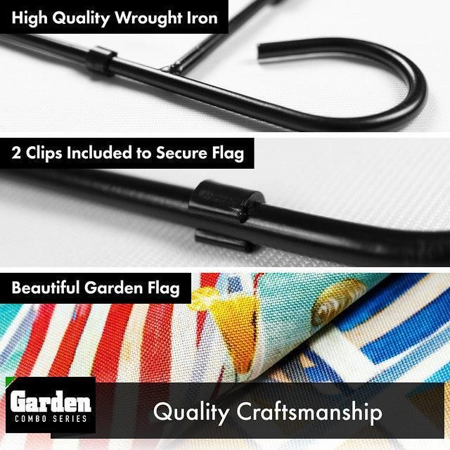 Combo Pack Garden Flag Stand Black 36x16 Inch & Garden Flag Beach Summer with Chairs Umbrella 12x18 Inch