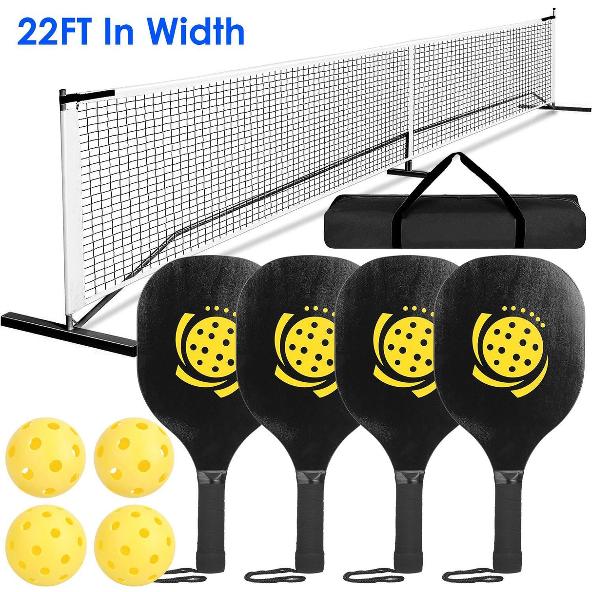Portable Pickleball Net Set 22ft Regulation Size Net Pickle Ball Net System with 4 Pickleballs 4 Paddles Carrying Bag for Driveway Backyard