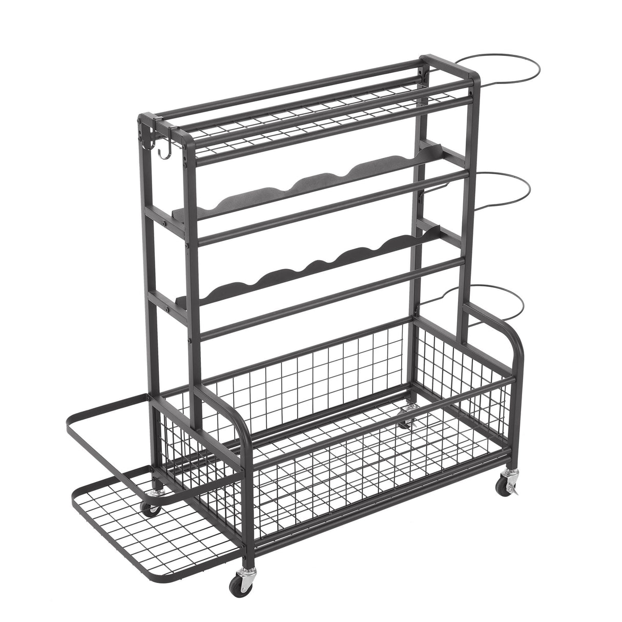 Multi-Purpose 4-Tier Metal Rolling Organizer for Sports Gear with Baskets and Hooks