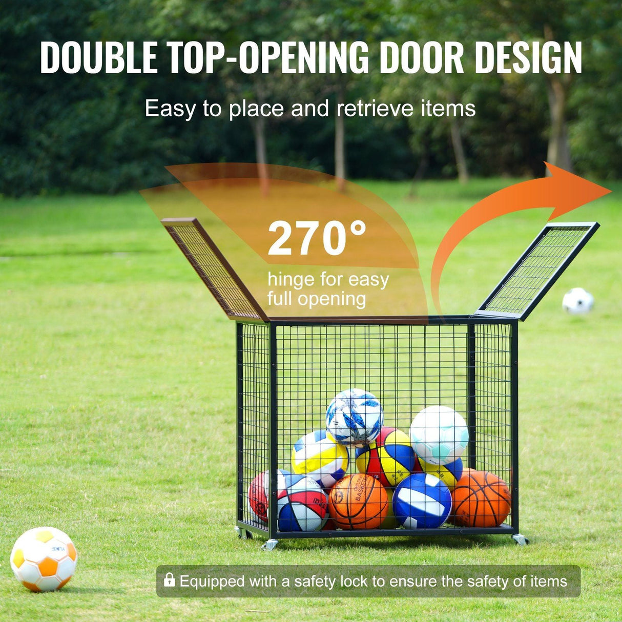 Heavy-Duty Sports Ball Storage Cart with Lockable Basketball Cage and Double Lids