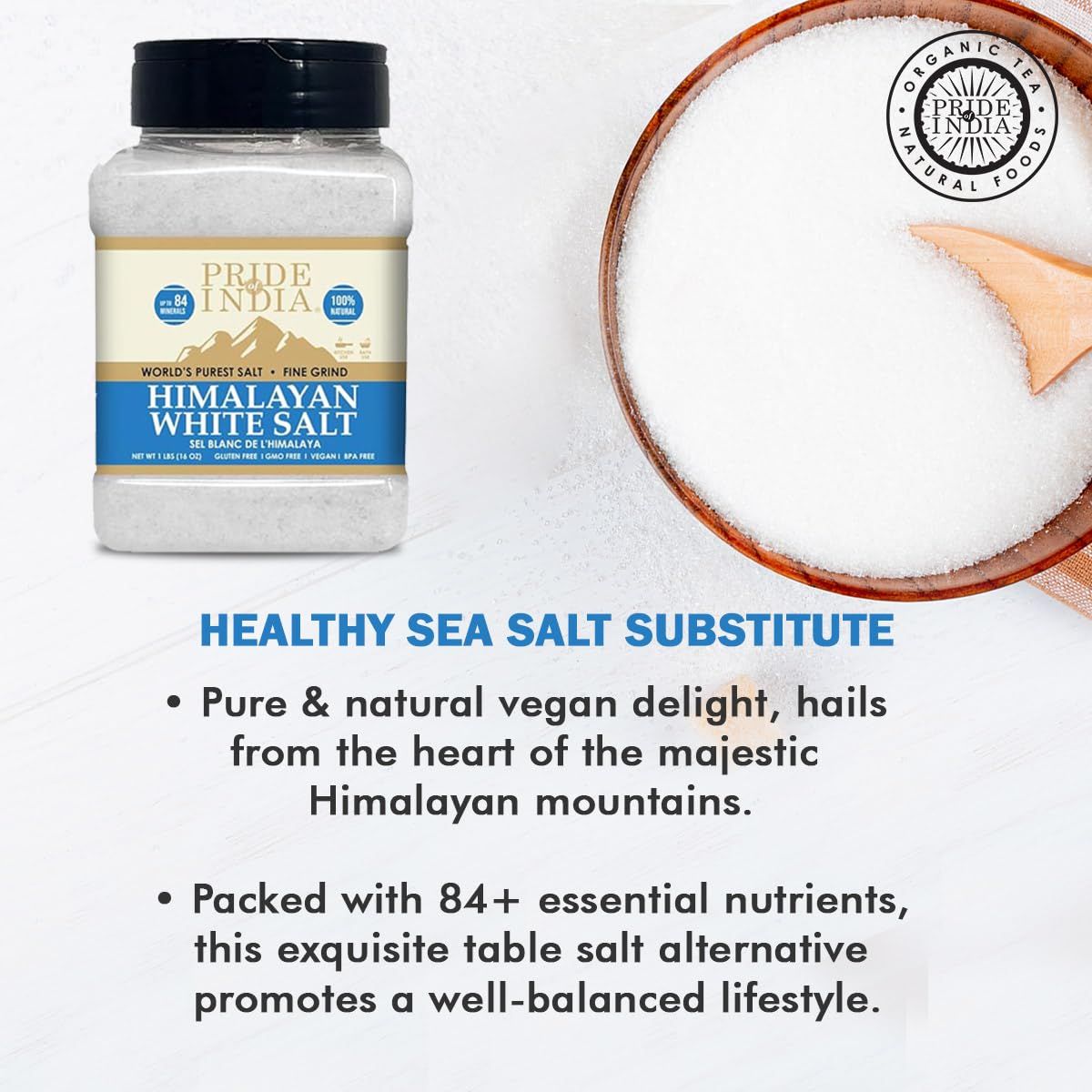 Himalayan White Salt by Pride Of India - 1lb - Rarest & Enriched W/84+ Natural Minerals- Low Sodium- Mineral Rich Nutrition and Enhanced Taste- Healthier Table Salt Substitute
