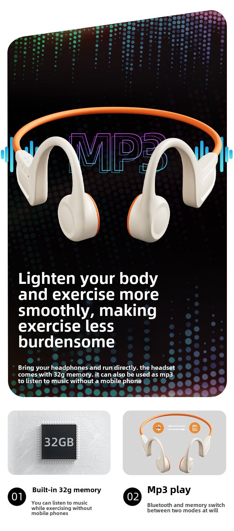 Bluetooth headset 32G memory earbuds not into the ear sports running anti-drop headphones