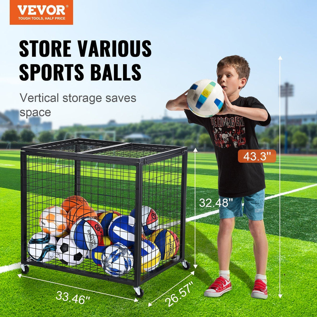 Heavy-Duty Sports Ball Storage Cart with Lockable Basketball Cage and Double Lids