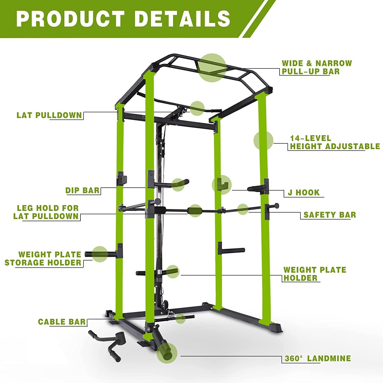 1000 lbs. capacity Green Multi-functional Power Cage, Home Adjustable Pullup Squat Rack Comprehensive Fitness Barbell Rack