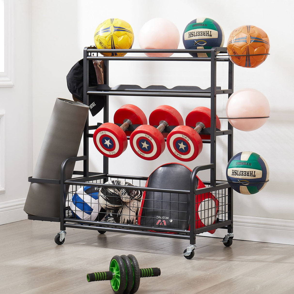 Multi-Purpose 4-Tier Metal Rolling Organizer for Sports Gear with Baskets and Hooks