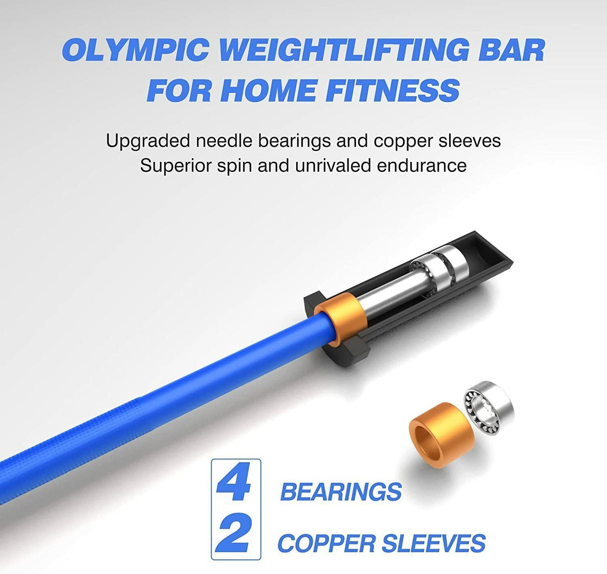 Blue Olympic Barbell Bar, 4Ft Solid Chrome Weight Bar with Bearings, 400Lbs Capacity Weightlifting Bar for Home Gym Workout Strength Training Squat, Suitable for 2-Inch Plates