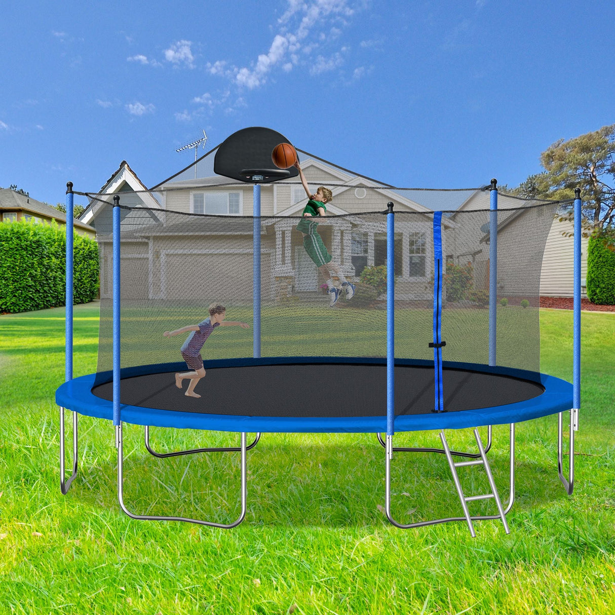14FT Family Trampoline with Basketball Hoop and Safety Net for All Ages