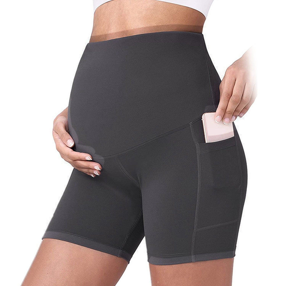 Women Maternity bike Shorts Seamless Pregnancy Short Underwear Shapewear Fitness Yoga maternity alethic Shorts High Waist Over the Belly Pants with Two Side Pockets