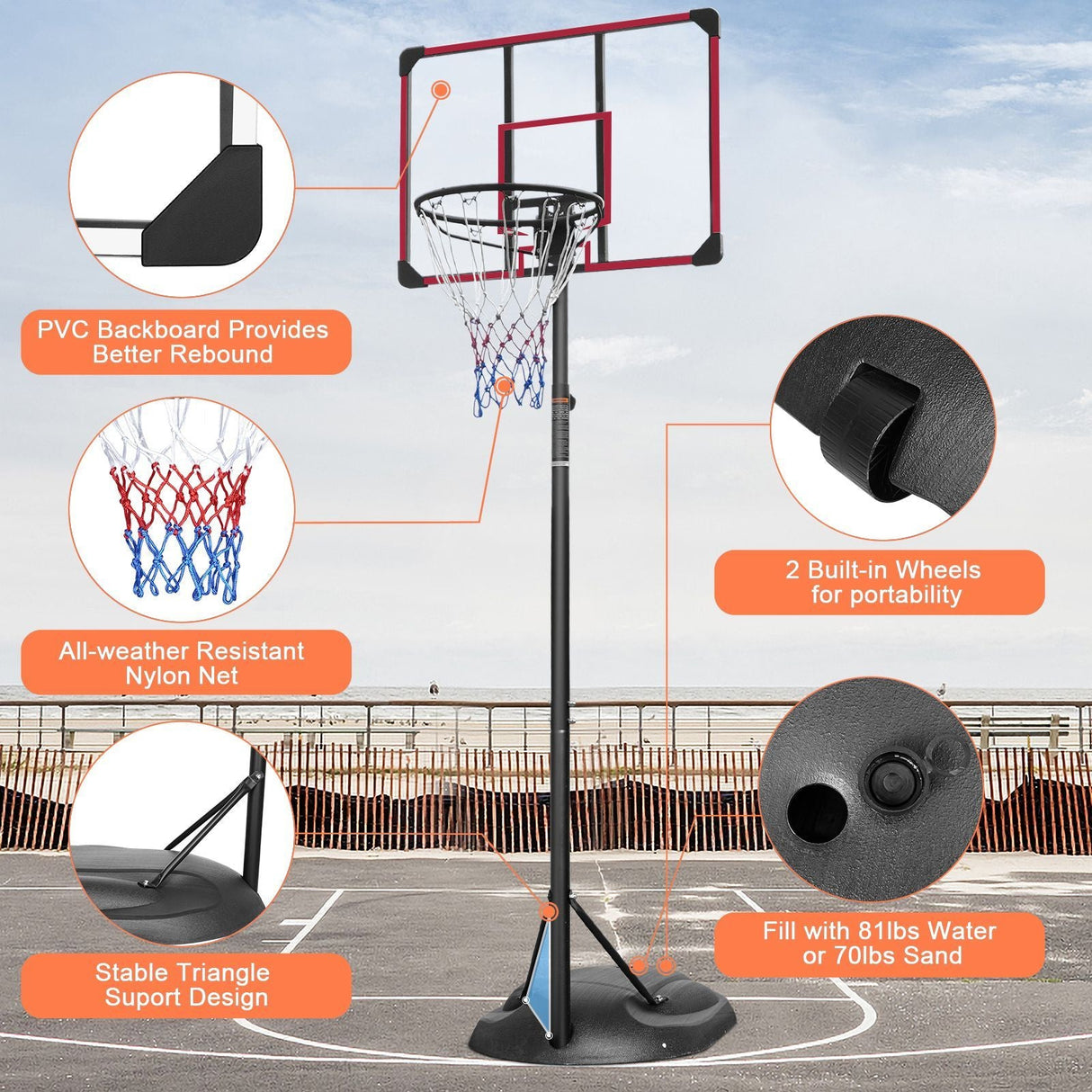 Adjustable Portable Basketball Hoop with 32" Backboard for Indoor & Outdoor Play 7.5ft - 9.2ft