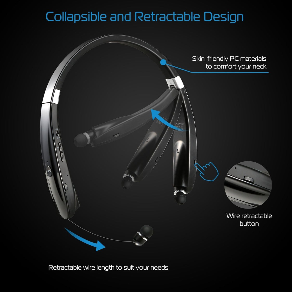 Foldable Wireless Headsets Wireless 4.1 Sport Neckband Stereo Headphones Sweatproof Earphones Earbuds