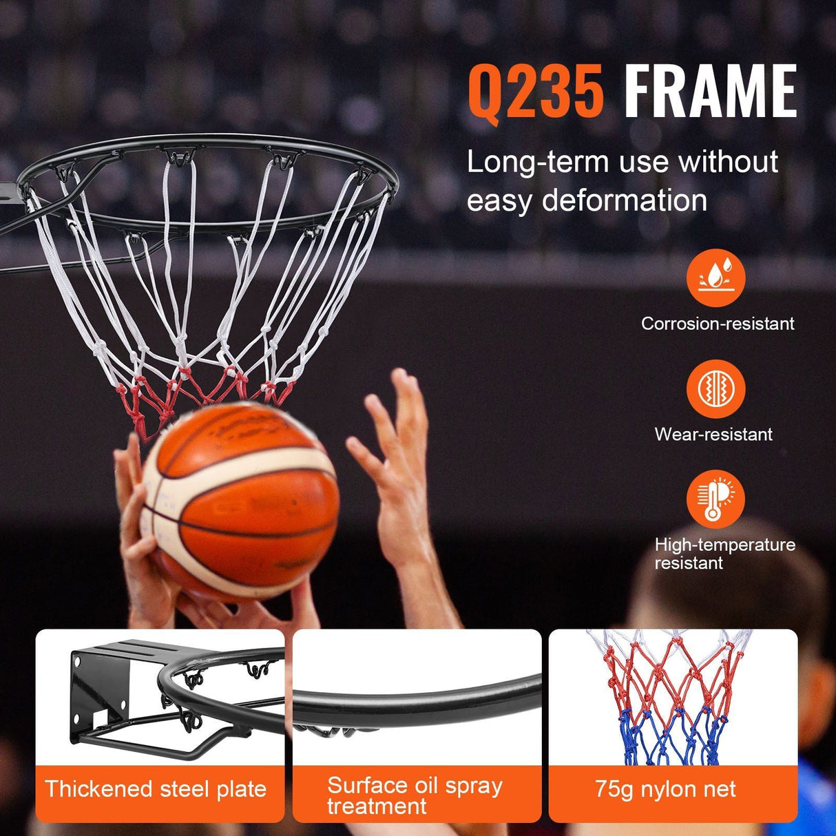 Heavy Duty Q235 Basketball Rim - Wall Mounted Indoor Outdoor Hoop with Net & Double Spring for Kids & Adults