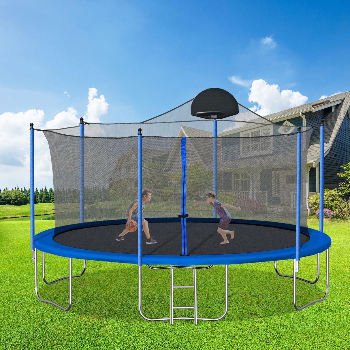 14FT Family Trampoline with Basketball Hoop and Safety Net for All Ages