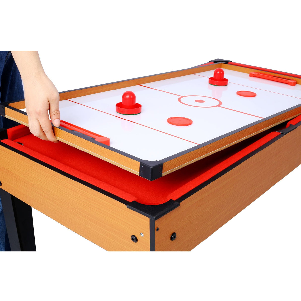 5-in-1 Multi-Game Table - Billiards, Push Hockey, Foosball, Ping Pong, and Basketball brown/red