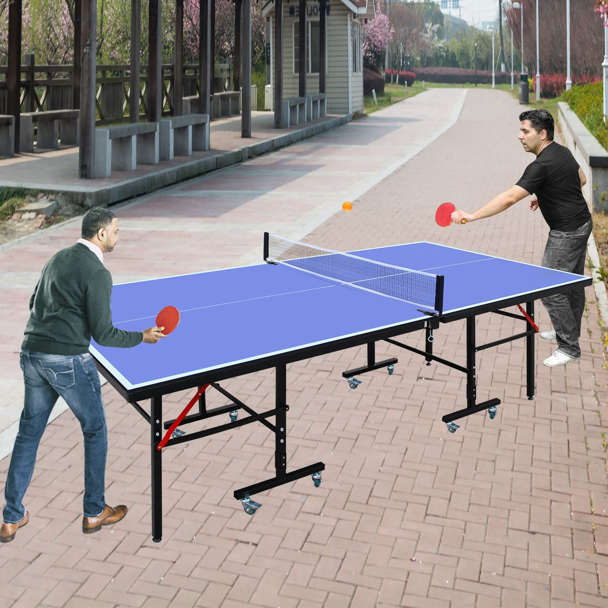 8ft  Tennis Table Foldable & Portable Ping Pong Table Set for Indoor Games with Net, 2 Table Tennis Paddles and 3 Balls