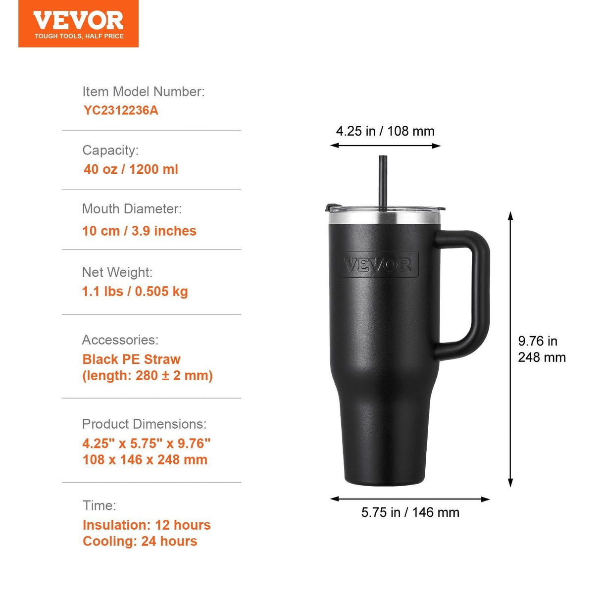 40 oz tumbler Insulated rambler Stainless Steel Coffee Cup Handheld Black