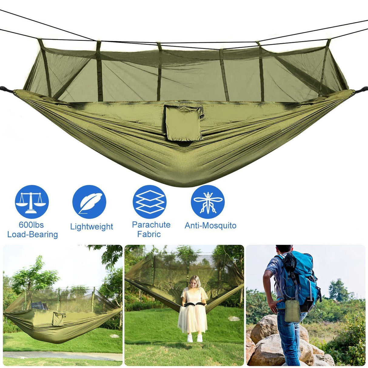 Camping Hammock with Mosquito Net, Portable Double Hammock Tent Load Two People with 2 Straps, Best for Outdoor Garden Hiking Travel
