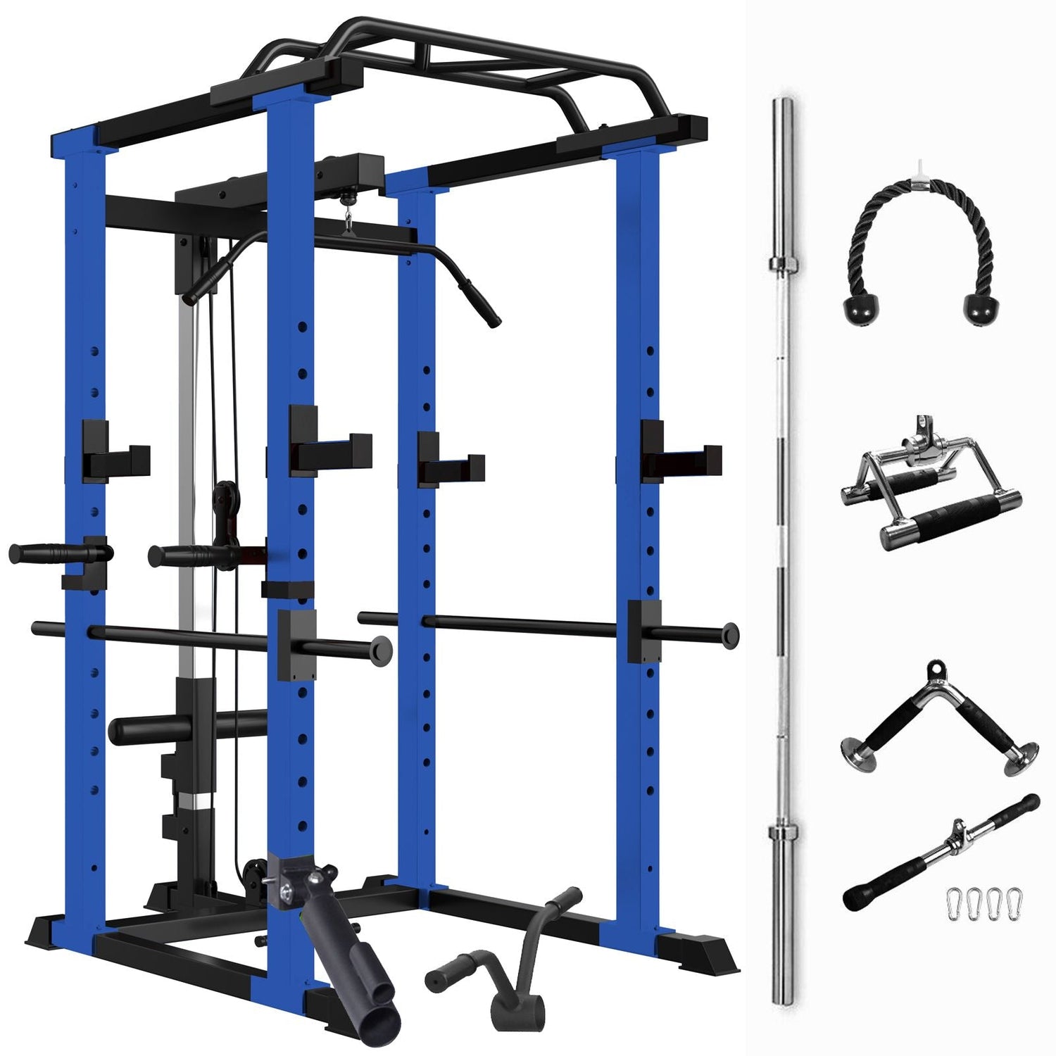 1000 lbs. capacity Blue Multi-functional Power Cage, Home Adjustable Pullup Squat Rack Comprehensive Fitness Barbell Rack Olympic Bar