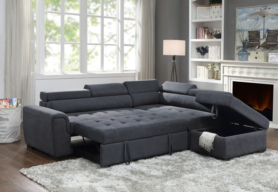 Haris - Fabric Sleeper Sofa Sectional With Adjustable Headrest And Storage Ottoman - Dark Gray by Couch.com