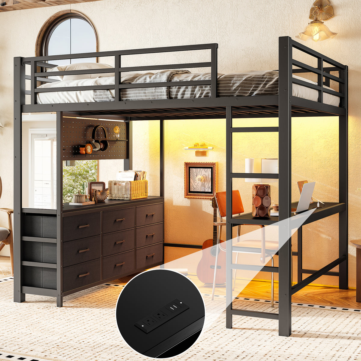 Full Size Loft Bed with Desk, Loft Bed with Drawers, Loft Bed with LED Light and USB, Loft Bed with Mirror, Multi-Functional High Loft Bed for Teens Adults, Black