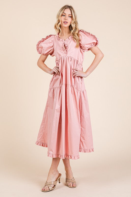 Ruffle Trim Puff Sleeve Tiered Babydoll Midi Dress – Fluttering, Sweet, Elegant, Feminine, and Trendy Babydoll Midi Dress with Ruffle Trim and Puff Sleeves