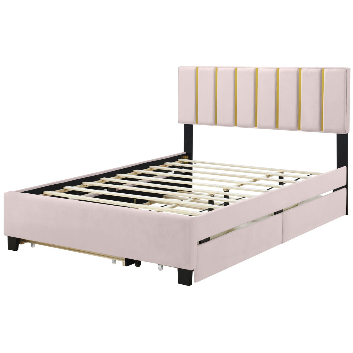 Upholstered Platform Bed With 2 Drawers And 1 Trundle, Classic Strip Headboard Design by Couch.com