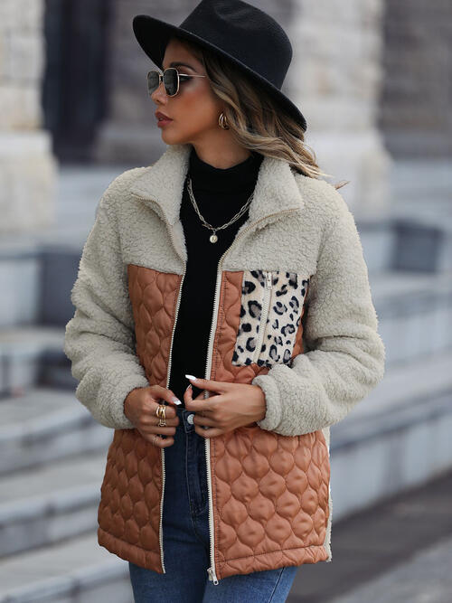 Unique Autumn Leopard Color Block Zip-Up Jacket Trendy Lightweight Jacket with Pockets Charming Winter Jacket